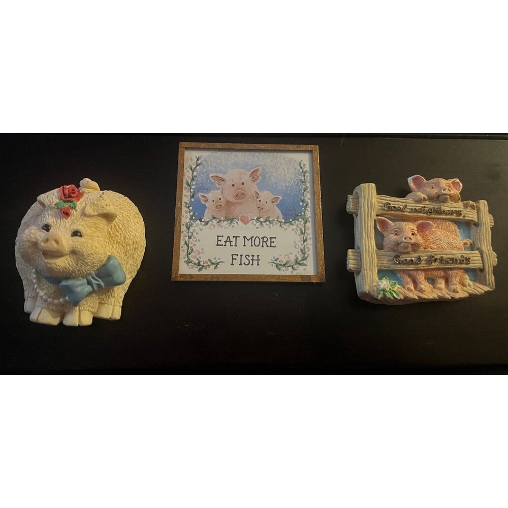 Lot of 3 Pig Magnets Lot w/ Framed "Eat More Fish" Pig Sign + 2 Pig Figurines